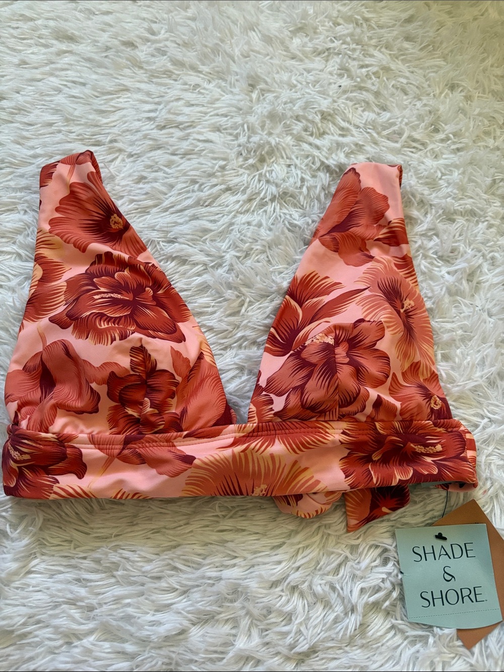 NWT Shade & Shore Pink Floral Print Deep V-Neck Tie Back Bikini Swim Top Size S